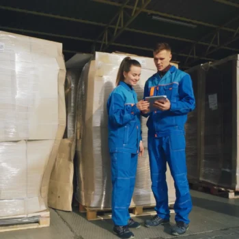 Two warehouse workers discussing logistics while reviewing a tablet, surrounded by stacked pallets of packaged goods, representing HS Agency's commitment to efficient transportation and warehousing solutions in the shipping and logistics industry.