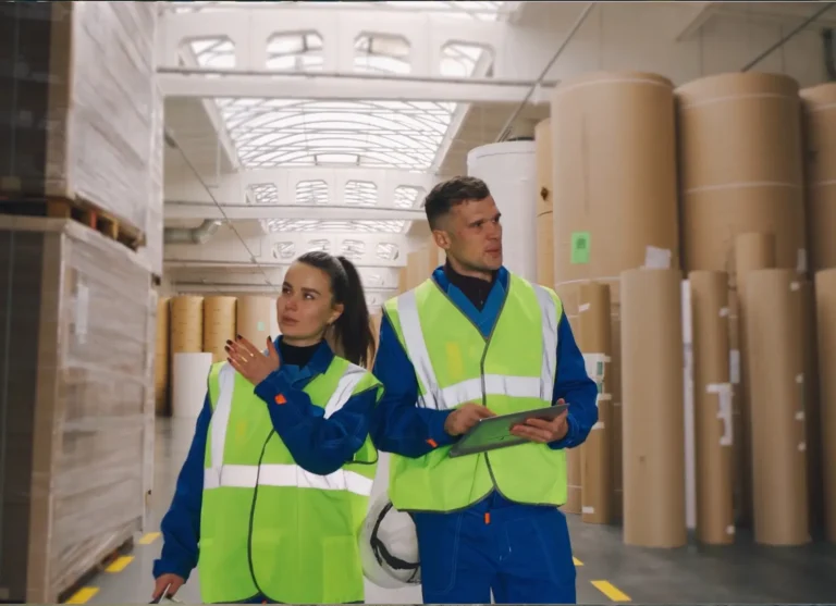 Warehouse team members at HS Agency examine logistics solutions, showcasing their commitment to efficient transportation, storage, and integrated supply chain services for the paper and construction industries.