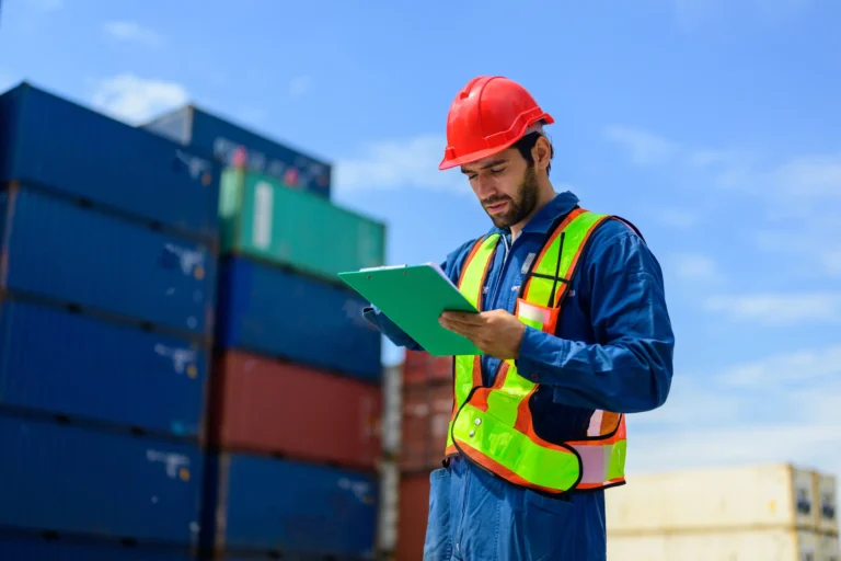 Worker using a clipboard in a stacked shipping container logistics yard, representing HS Agency's commitment to efficient transportation and warehousing solutions.